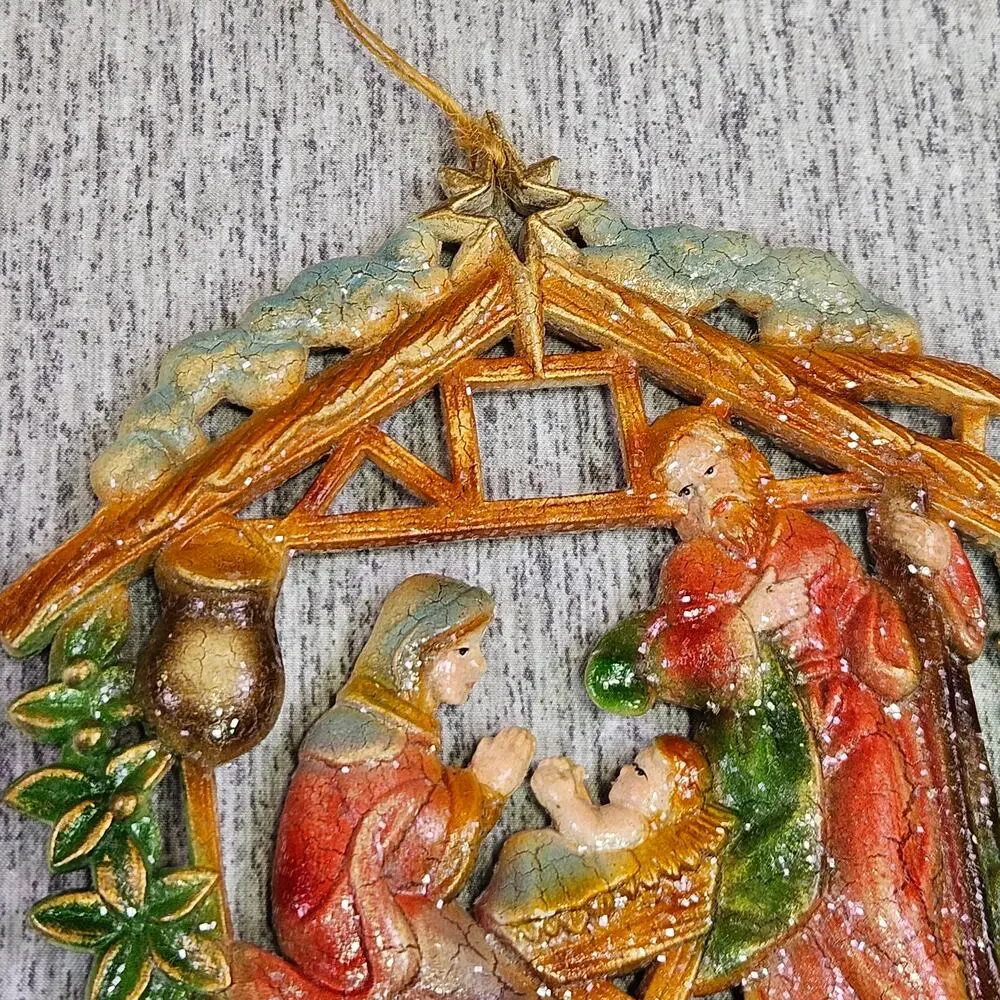 VTG 70s Christmas Tree Ornament Set of 2 Nativity Baby Jesus Mary Joseph Stable